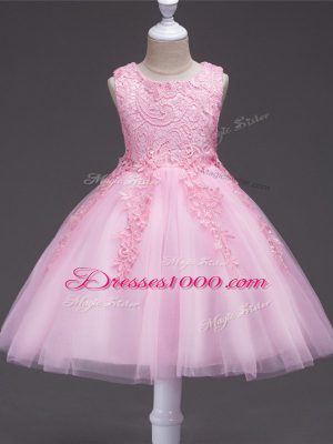Baby Pink Ball Gowns Scoop Sleeveless Tulle Knee Length Zipper Appliques Girls Pageant Dresses