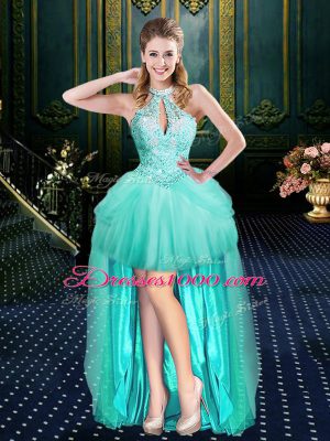 Delicate Aqua Blue Quinceanera Gown Military Ball and Sweet 16 and Quinceanera with Beading and Pick Ups Halter Top Sleeveless Lace Up