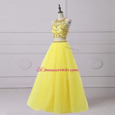 Fantastic Yellow Sleeveless Floor Length Beading Backless Prom Dress