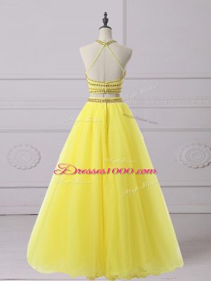 Fantastic Yellow Sleeveless Floor Length Beading Backless Prom Dress