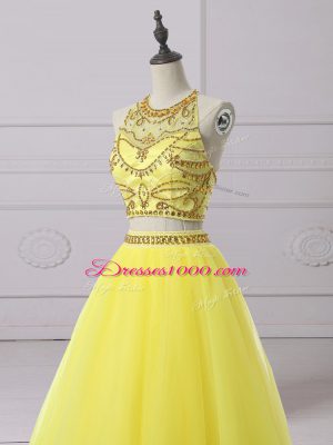 Fantastic Yellow Sleeveless Floor Length Beading Backless Prom Dress