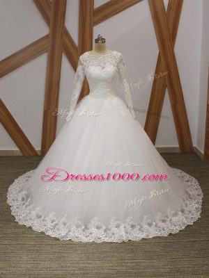 On Sale White Ball Gowns Scalloped Sleeveless Tulle Court Train Zipper Beading and Appliques Bridal Gown