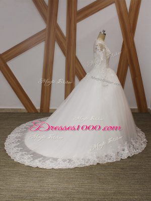 On Sale White Ball Gowns Scalloped Sleeveless Tulle Court Train Zipper Beading and Appliques Bridal Gown