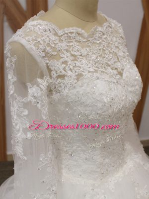 On Sale White Ball Gowns Scalloped Sleeveless Tulle Court Train Zipper Beading and Appliques Bridal Gown