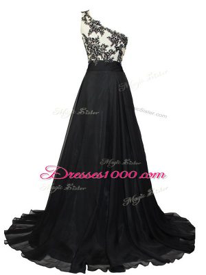 Black Chiffon Side Zipper Evening Gowns Sleeveless Brush Train Beading and Lace