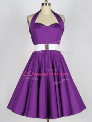 Knee Length Lace Up Wedding Guest Dresses Eggplant Purple for Prom and Party and Wedding Party with Belt