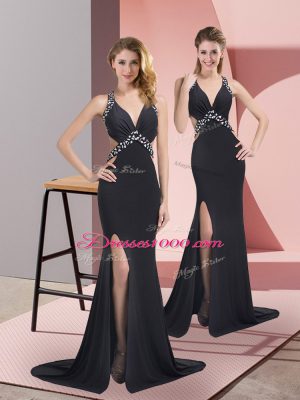 Black Halter Top Criss Cross Beading Homecoming Dress Brush Train Sleeveless