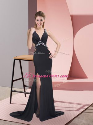 Black Halter Top Criss Cross Beading Homecoming Dress Brush Train Sleeveless