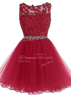 Burgundy Zipper Prom Dresses Beading and Lace and Appliques Sleeveless Mini Length