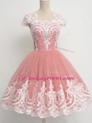 Glorious Tulle Square Cap Sleeves Zipper Lace Quinceanera Court of Honor Dress in Peach