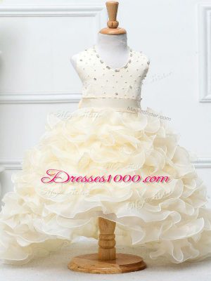 Organza Halter Top Sleeveless Zipper Beading and Ruffles Kids Formal Wear in Champagne
