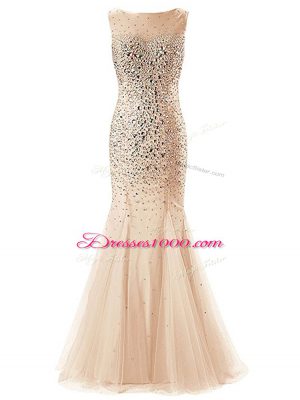 Delicate Champagne Dress for Prom Prom and Military Ball with Beading Scoop Sleeveless Zipper