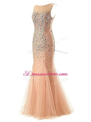 Delicate Champagne Dress for Prom Prom and Military Ball with Beading Scoop Sleeveless Zipper