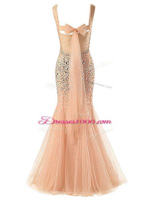 Delicate Champagne Dress for Prom Prom and Military Ball with Beading Scoop Sleeveless Zipper