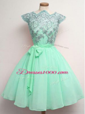Graceful A-line Bridesmaid Gown Apple Green Scalloped Chiffon Cap Sleeves Knee Length Lace Up