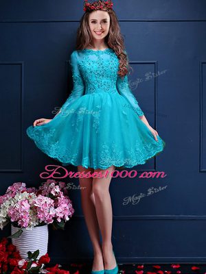 Aqua Blue A-line Beading and Lace and Appliques Wedding Guest Dresses Lace Up Chiffon 3 4 Length Sleeve Mini Length