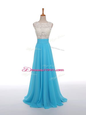 Baby Blue Chiffon Side Zipper Prom Dress Sleeveless Floor Length Lace and Appliques