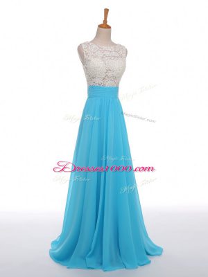 Baby Blue Chiffon Side Zipper Prom Dress Sleeveless Floor Length Lace and Appliques