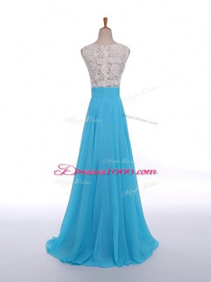 Baby Blue Chiffon Side Zipper Prom Dress Sleeveless Floor Length Lace and Appliques