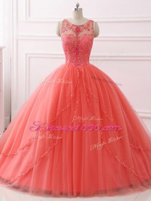 Brush Train Ball Gowns Sweet 16 Quinceanera Dress Coral Red Sweetheart Tulle Sleeveless Lace Up