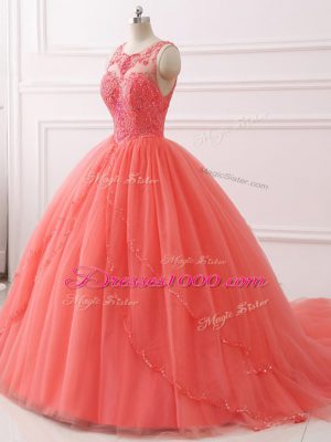 Brush Train Ball Gowns Sweet 16 Quinceanera Dress Coral Red Sweetheart Tulle Sleeveless Lace Up