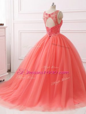 Brush Train Ball Gowns Sweet 16 Quinceanera Dress Coral Red Sweetheart Tulle Sleeveless Lace Up