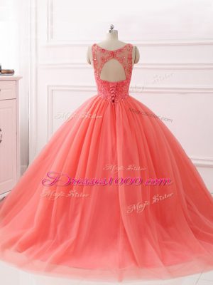 Brush Train Ball Gowns Sweet 16 Quinceanera Dress Coral Red Sweetheart Tulle Sleeveless Lace Up