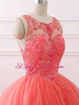 Brush Train Ball Gowns Sweet 16 Quinceanera Dress Coral Red Sweetheart Tulle Sleeveless Lace Up