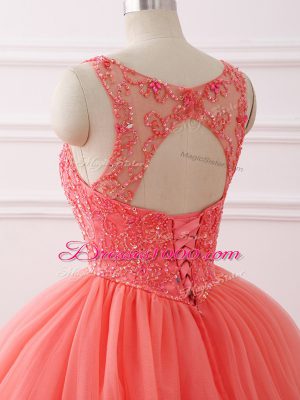 Brush Train Ball Gowns Sweet 16 Quinceanera Dress Coral Red Sweetheart Tulle Sleeveless Lace Up