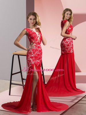 Nice Coral Red Prom Evening Gown V-neck Sleeveless Brush Train Zipper