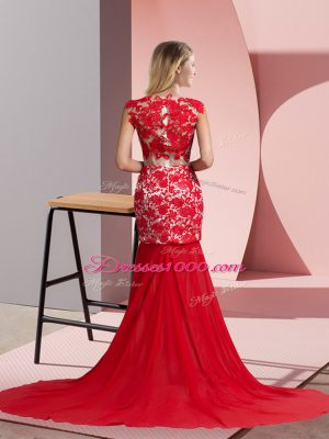 Nice Coral Red Prom Evening Gown V-neck Sleeveless Brush Train Zipper