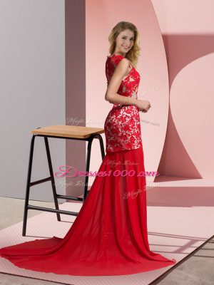 Nice Coral Red Prom Evening Gown V-neck Sleeveless Brush Train Zipper