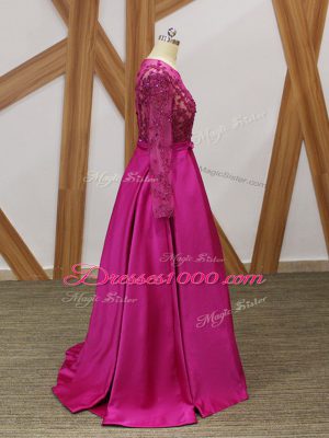 Luxury Fuchsia Long Sleeves Floor Length Beading and Appliques and Belt Zipper Mother of Bride Dresses