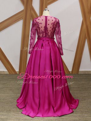 Luxury Fuchsia Long Sleeves Floor Length Beading and Appliques and Belt Zipper Mother of Bride Dresses