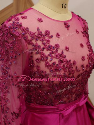 Luxury Fuchsia Long Sleeves Floor Length Beading and Appliques and Belt Zipper Mother of Bride Dresses