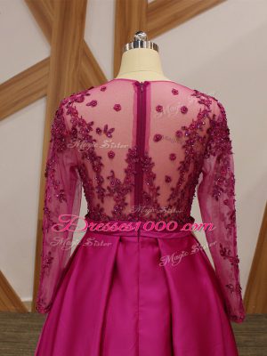 Luxury Fuchsia Long Sleeves Floor Length Beading and Appliques and Belt Zipper Mother of Bride Dresses