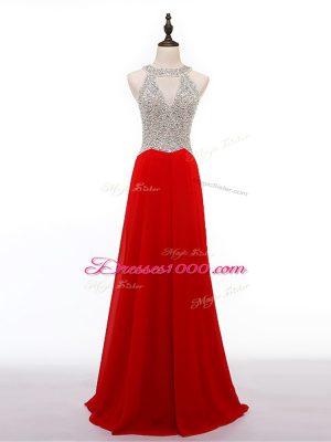 Pretty Red Prom Party Dress Chiffon Sleeveless Beading