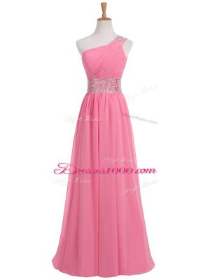 Floor Length Rose Pink Prom Evening Gown One Shoulder Sleeveless Backless