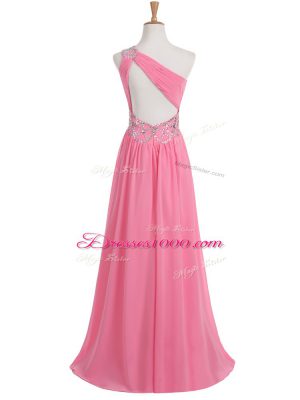 Floor Length Rose Pink Prom Evening Gown One Shoulder Sleeveless Backless