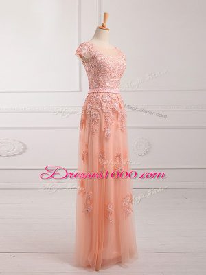 Flare Scoop Cap Sleeves Mother of Bride Dresses Floor Length Lace and Appliques and Belt Peach Tulle