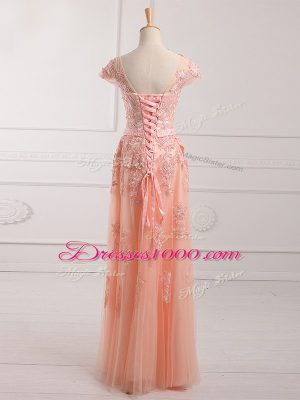 Flare Scoop Cap Sleeves Mother of Bride Dresses Floor Length Lace and Appliques and Belt Peach Tulle