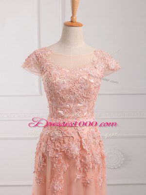 Flare Scoop Cap Sleeves Mother of Bride Dresses Floor Length Lace and Appliques and Belt Peach Tulle