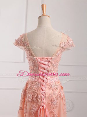 Flare Scoop Cap Sleeves Mother of Bride Dresses Floor Length Lace and Appliques and Belt Peach Tulle