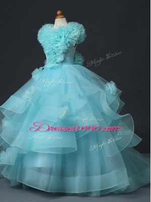 Trendy Tulle Sleeveless Floor Length Little Girls Pageant Dress and Ruffles and Hand Made Flower