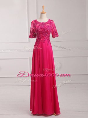 Fabulous Hot Pink Half Sleeves Chiffon Zipper Mother Dresses for Prom and Military Ball and Beach