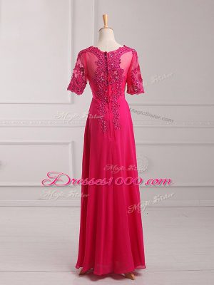 Fabulous Hot Pink Half Sleeves Chiffon Zipper Mother Dresses for Prom and Military Ball and Beach