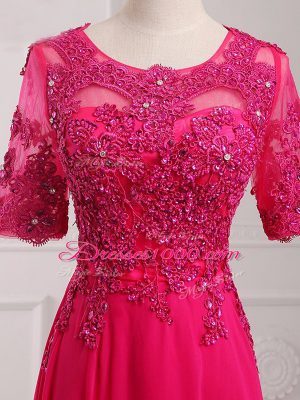 Fabulous Hot Pink Half Sleeves Chiffon Zipper Mother Dresses for Prom and Military Ball and Beach