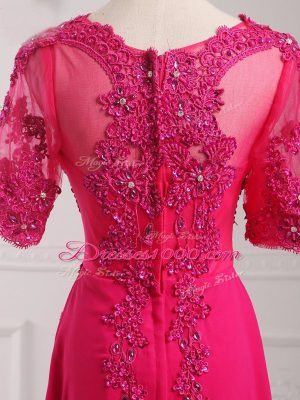 Fabulous Hot Pink Half Sleeves Chiffon Zipper Mother Dresses for Prom and Military Ball and Beach