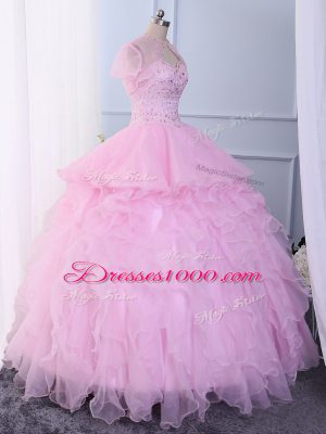 Best Selling Floor Length Pink Vestidos de Quinceanera Organza Sleeveless Beading and Ruffles