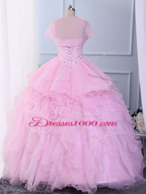 Best Selling Floor Length Pink Vestidos de Quinceanera Organza Sleeveless Beading and Ruffles